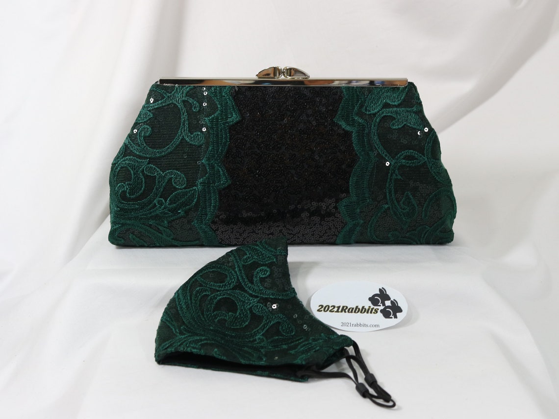 Dark green evening bag with black sequins and embroidered lace Etsy