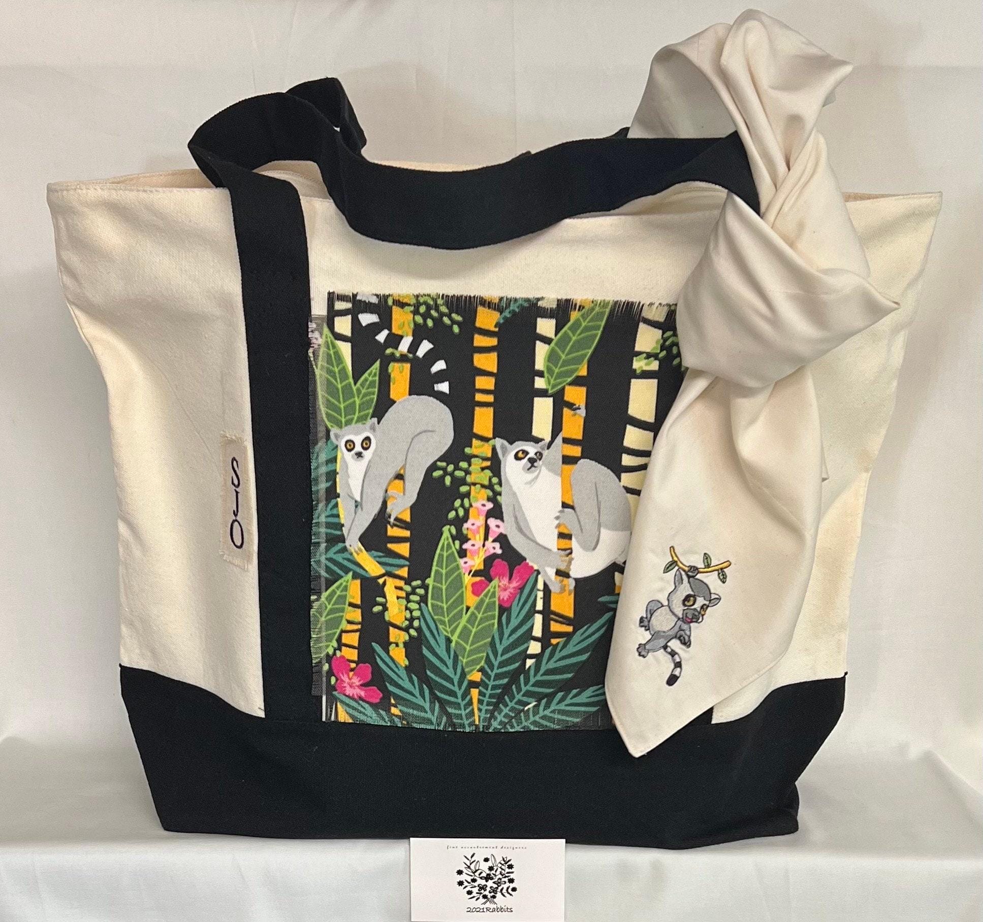 Baby lemur jungle canvas tote bag - green black yellow -  unisex gift- 21"x15x6" - matching 21"x21" 100% cotton handkerchief bandana