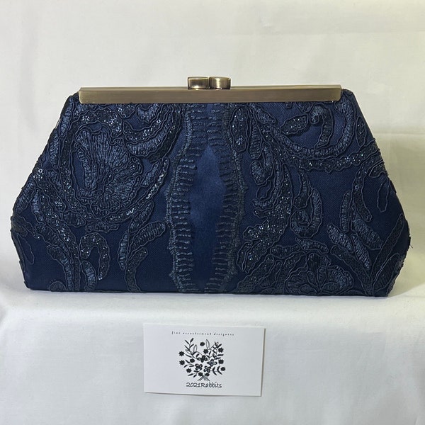 Navy blue dark blue evening bag clutch purse-scalloped embroidered sequin lace on satin-7” antique brass frame