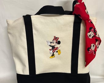 Minie Mouse canvas tote bag - red black white ivory unisex gift- 21&quot;x15x6&quot; - matching 21&quot;x21&quot; 100% cotton handkerchief bandana