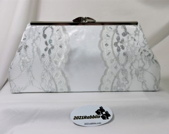 White bridal purse clutch money bag with satin shantung and silver lace - for weddings and special occasions - silver nickel hardware