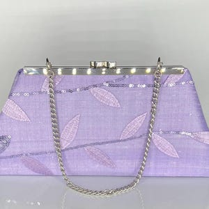 Lavender Silk Embroidered Sequin Clutch Evening Bag for Mother of the Bride/Groom: Wedding Purse with Silver Frame, Optional Chain