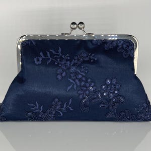 Navy Sequin Lace Wedding Clutch: Silver Frame, Optional Chain