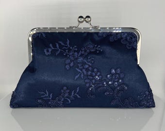 Navy blue wedding clutch for mother of the bride/groom - embroidered sequin lace on satin-8&quot; silver nickel uframe frame - optional chain