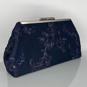 Navy Blue Embroidered Sequin Lace Vintage Wedding Clutch: Silver Frame, Evening Bag for Mother of the Bride/Groom, Optional Chain