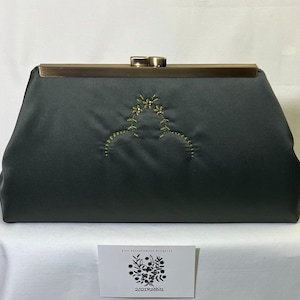 Army Green Satin Evening Clutch: Floral Embroidery, Hand-Beaded Crystals