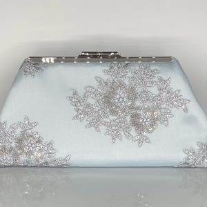 Powder blue silver evening bag clutch purse for mother of the bride/groom-sequined embroidered-medium 6.5” silver nickel