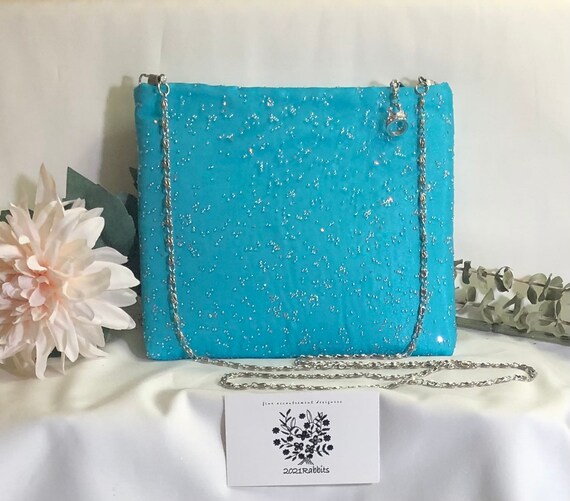 Aqua Clutch Light Blue Teal Beaded Organza Evening Bag Wristlet Bag Purse With Silver Iridescent Sparkle Beading and Chain Strap Options Etsy