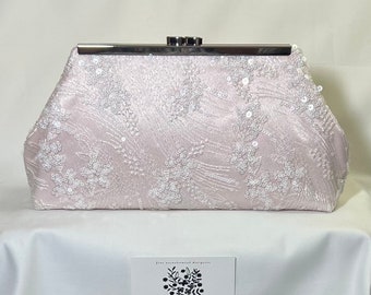 Pink blush rosewater retro bridal evening bag clutch purse with satin & embroidered sequin lace - silver frame