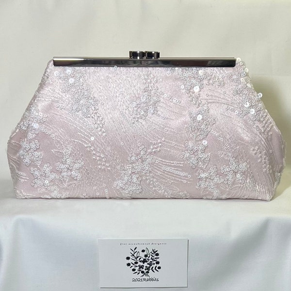 Pink blush rosewater retro bridal evening bag clutch purse with satin & embroidered sequin lace - silver frame