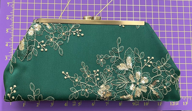 Dark green gold crystal evening bag clutch purse with embroidered floral sequin lace hand beaded antique brass frame image 6