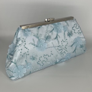 Powder blue light blue wedding clutch-3d floral embroidered sequin on satin-several frame sizes and colors available-optional chain strap