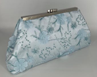 Powder blue light blue wedding clutch-3d floral embroidered sequin on satin-several frame sizes and colors available-optional chain strap