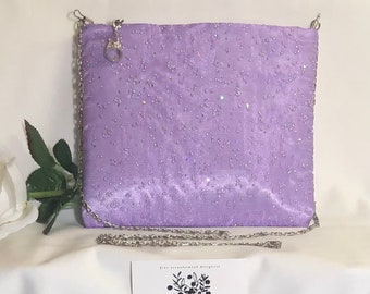 Lavendel lila Organza Abendtasche Handtasche Clutch Tasche mit silber irisierenden Funkeln Perlen und Kettenriemen Optionen