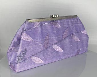 Lavender silk evening bag clutch purse with satin lining & embroidered sequin lace - satin lining - silver frame - optional chain straps