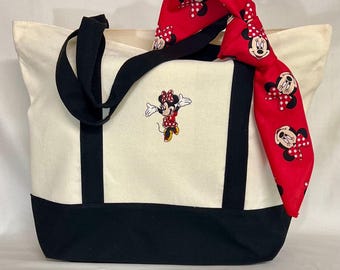 Minnie Mouse canvas tote bag - red black ivory - 21&quot;x15x6&quot; - matching 21&quot;x21&quot; 100% cotton handkerchief bandana - gift for her - gift for mom