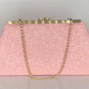 Pochette rose à sequins : sac de soirée mère de la mariée, cadre doré vieilli