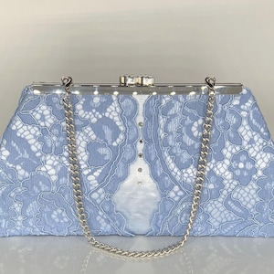 Baby blue bridal clutch satin shantung evening bag clutch purse - scalloped corded lace & crystals - silver nickel frame - optional strap