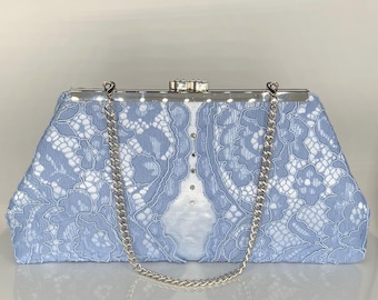 Baby Blue Bridal Clutch: Shantung Satin Evening Bag with Lace & Crystals