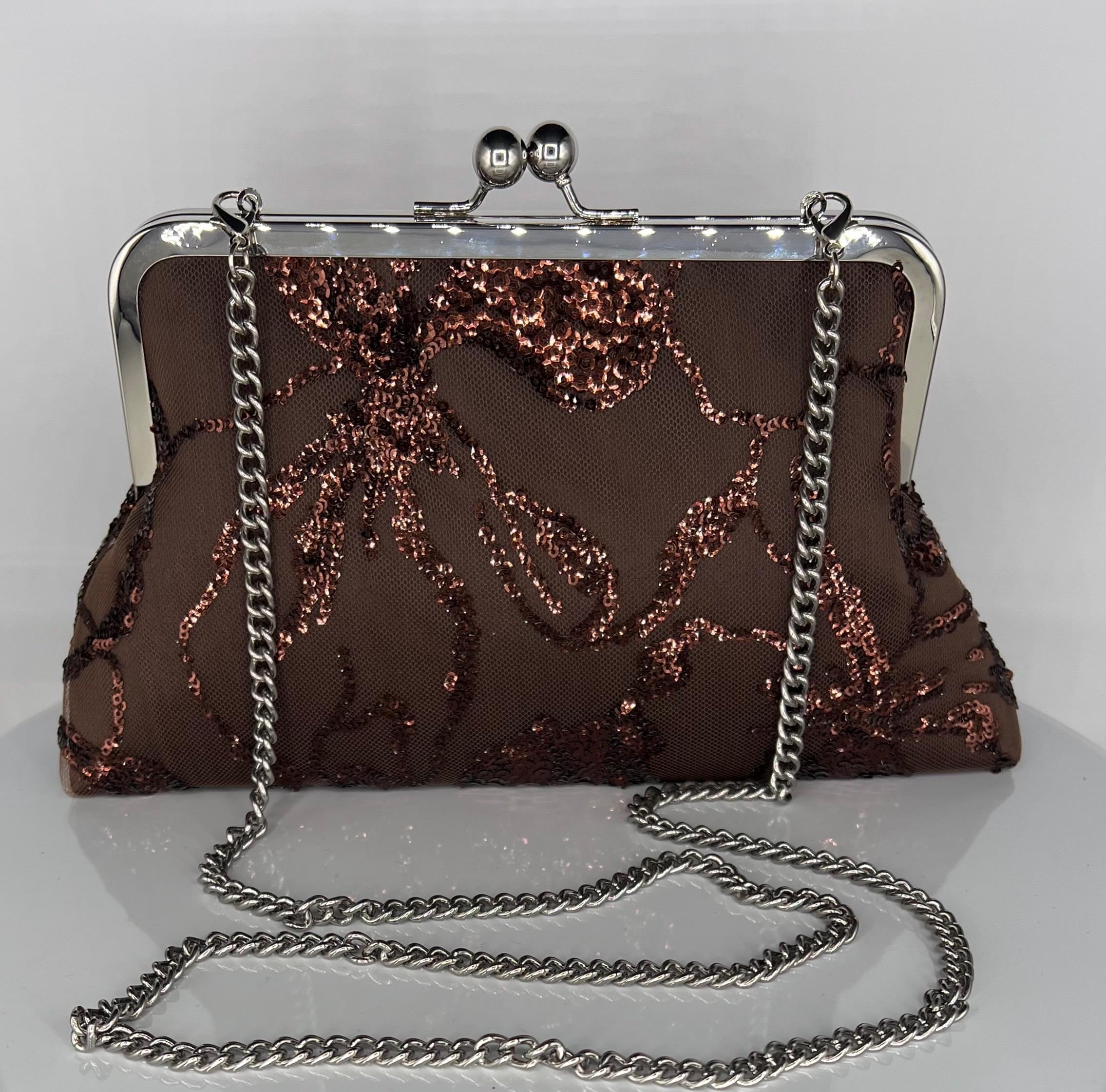Chocolate Brown Lace Clutch: Embroidered Sequin Satin, Silver Frame