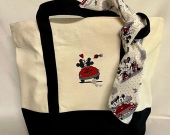 Mickey & Mickey in love Paris canvas tote bag red black white ivory unisex gift 21&quot;x15x6&quot; matching 21&quot;x21&quot; 100% cotton handkerchief bandana