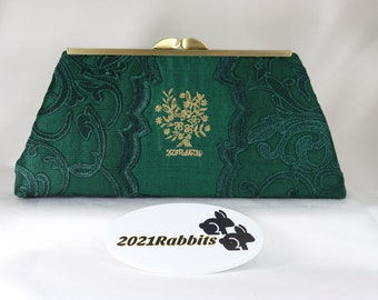 Dark green silk evening bag clutch purse with embroidered tapestry lace - 8" antique gold frame