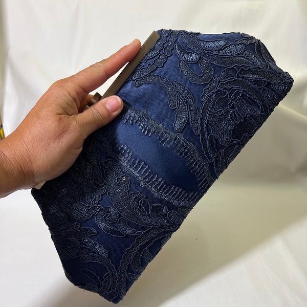 Navy blue dark blue evening bag clutch purse-scalloped embroidered sequin lace on satin-7” antique brass frame