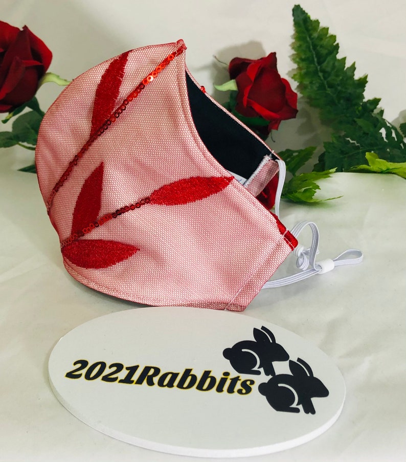 3 layer mask Red Embroidered Leaf Lace Sequin Mask on White Sateen Cotton 100/% cotton face mask