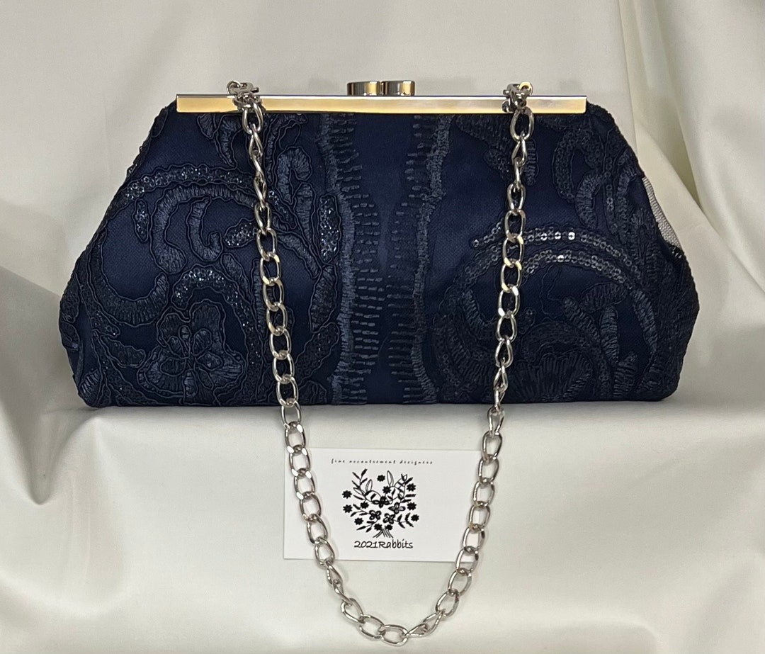 Navy Blue Dark Blue Evening Bag Clutch Pursescalloped Embroidered Sequin Lace on Satin7 Silver