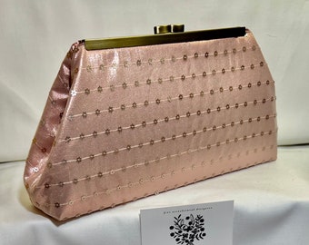 Rose gold gold clutch - lame and metallic floral lace - antique brass frame