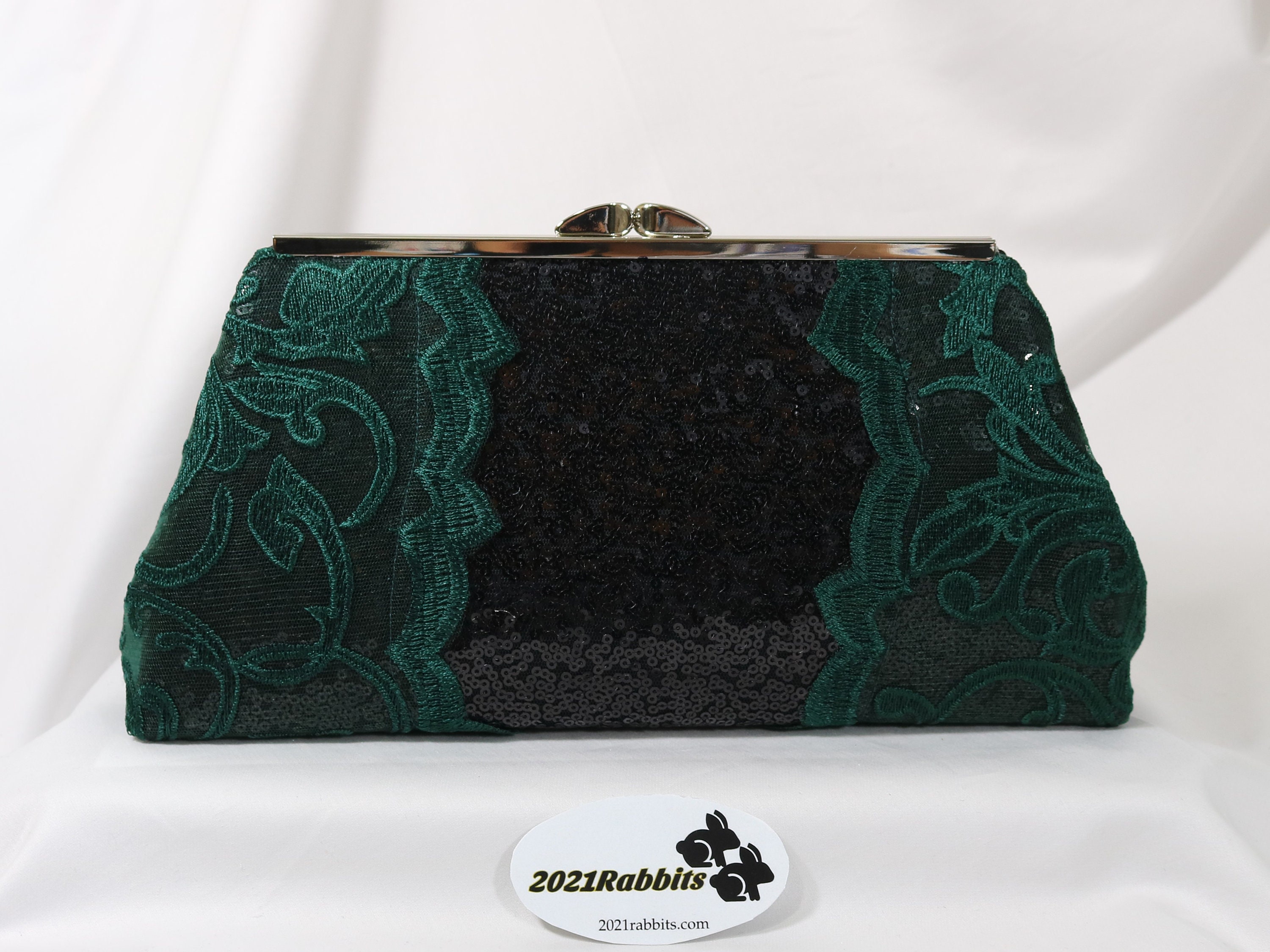 Dark green evening bag with black sequins and embroidered lace Etsy
