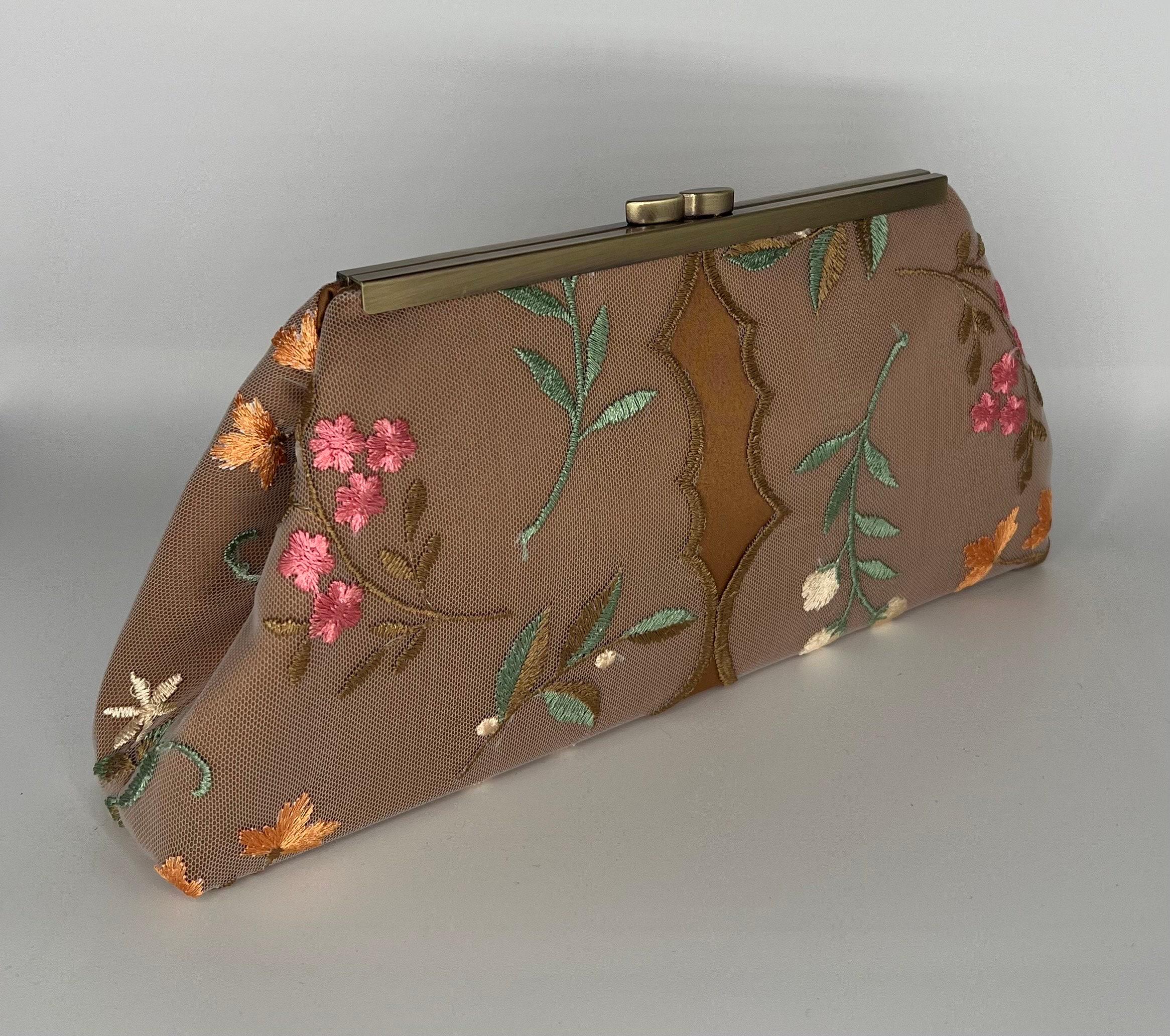 Copper Clutch: Evening Bag for Mother of the Bride/Groom, Embroidered Floral Lace and Satin Purse, Optional Strap, Antique Brass Frame