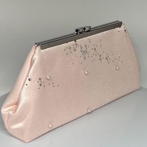 Blush Rose Bridal Clutch: Beaded Pearl Evening Bag with Silver Frame