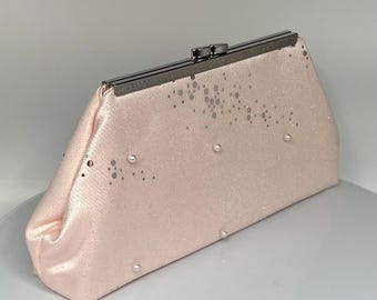 Blush Rose Bridal Clutch: Beaded Pearl Evening Bag with Silver Frame