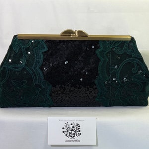 Dark green black evening bag clutch purse with sequins and embroidered lace - 8" antique gold frame