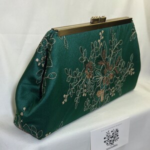 Dark green gold crystal evening bag clutch purse with embroidered floral sequin lace hand beaded antique brass frame image 2