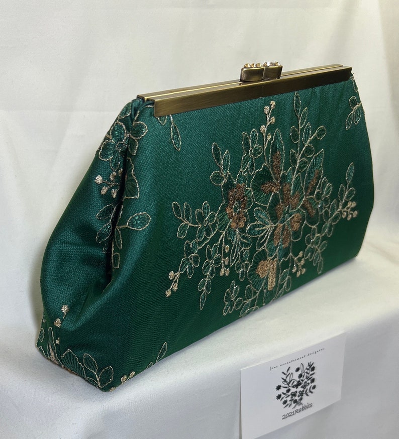Dark green gold crystal evening bag clutch purse with embroidered floral sequin lace hand beaded antique brass frame image 2