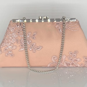 Rose gold blush champagne wedding clutch for mother of the bride/groom - embroidered sequin lace on satin-silver frame - optional chain