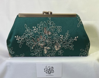 Dark green gold crystal evening bag clutch purse with embroidered floral sequin lace - hand beaded - antique brass frame