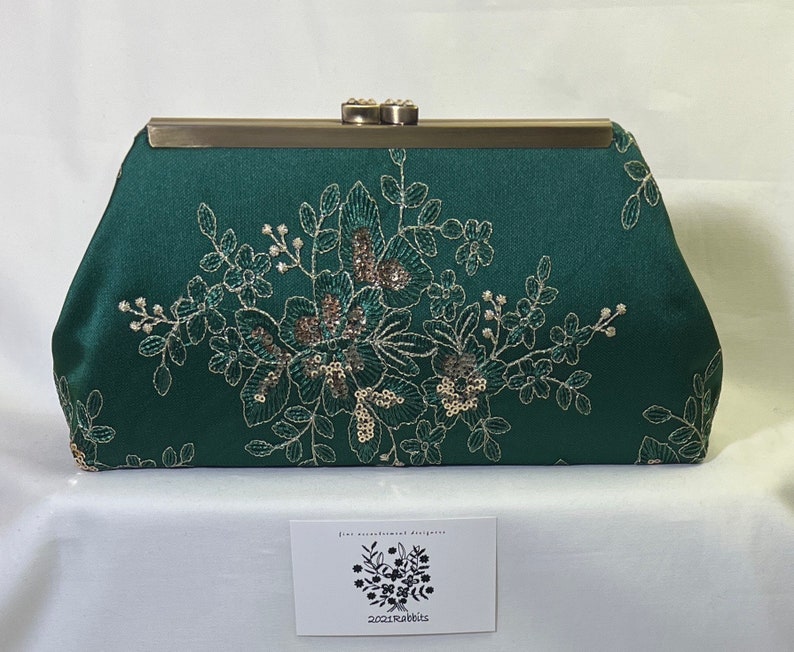 Dark green gold crystal evening bag clutch purse with embroidered floral sequin lace hand beaded antique brass frame image 1