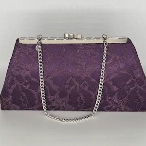 Eggplant aubergine dark purple evening bag clutch purse w/lace - 7&quot; silver nickel frame