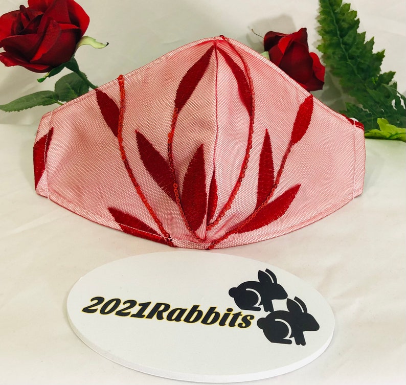 3 layer mask Red Embroidered Leaf Lace Sequin Mask on White Sateen Cotton 100/% cotton face mask