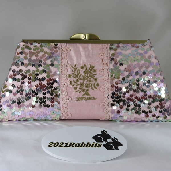 Dusty rose mauve silk iridescent sequin retro vintage evening bag clutch purse with embroidery - 8" antique gold frame