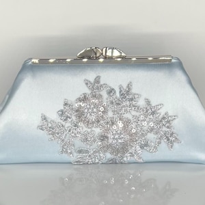 Powder blue silver silky satin evening bag clutch purse for mother of the bride/groom-sequined embroidered aplique- small 5.5” silver nickel