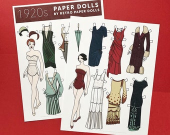 Muñeca de papel estilo retro de los años 20: 2 hojas, 11 conjuntos de ropa y 2 muñecas.