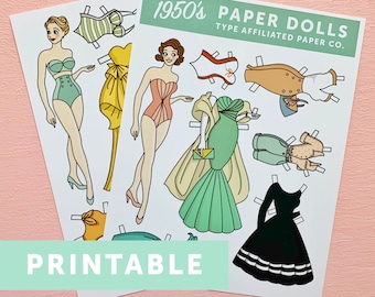 COPIA DIGITAL Muñeca de papel estilo retro de los años 50 imprimible - 2 hojas, 14 conjuntos y 2 muñecas
