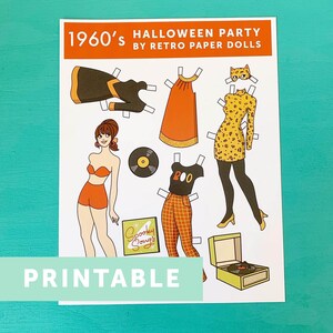 DIGITAL DOWNLOAD Retro Style 1960&#39;s Halloween Party Fashion Paper Doll Printable- One Doll, 4 Halloween Outfits
