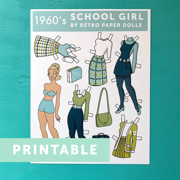 DIGITAL DOWNLOAD Retro 1960's Style School Girl Paper Doll Printable