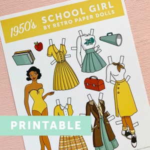 DIGITAL DOWNLOAD Retro 1950&#39;s Style School Girl Paper Doll Printable