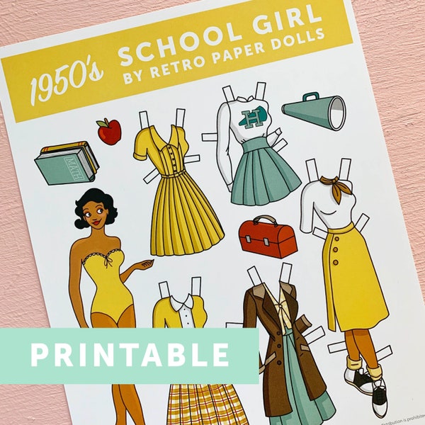 DIGITAL DOWNLOAD Retro 1950's Style School Girl Paper Doll Printable